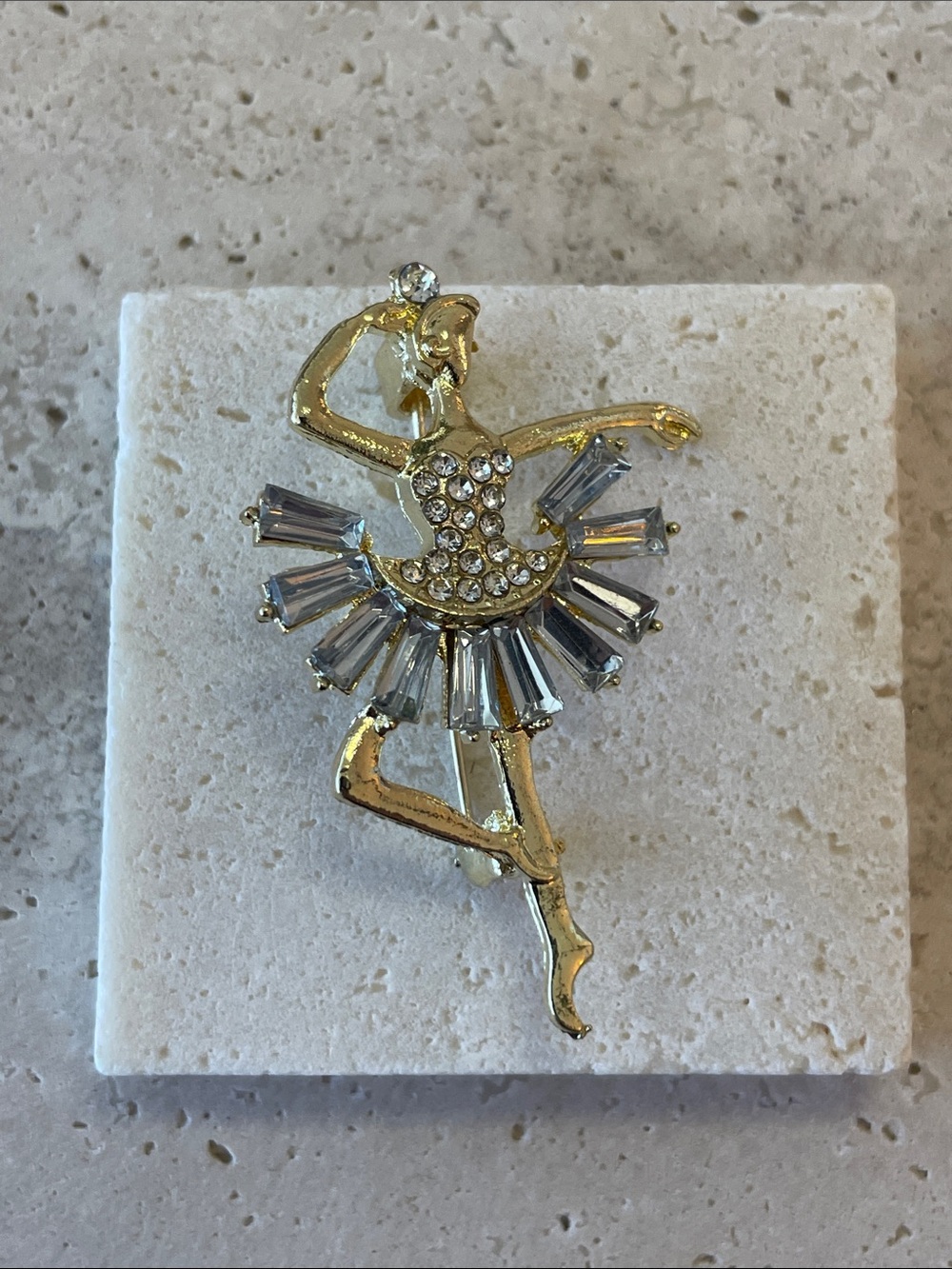 Saks Fifth Avenue Gold Tone Ballerina Brooch Clear Crystal Pin
